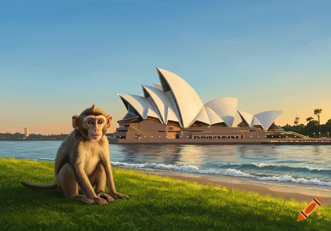 A monkey sits on a grassy bank overlooking the Sydney Opera House and water under a clear sky.