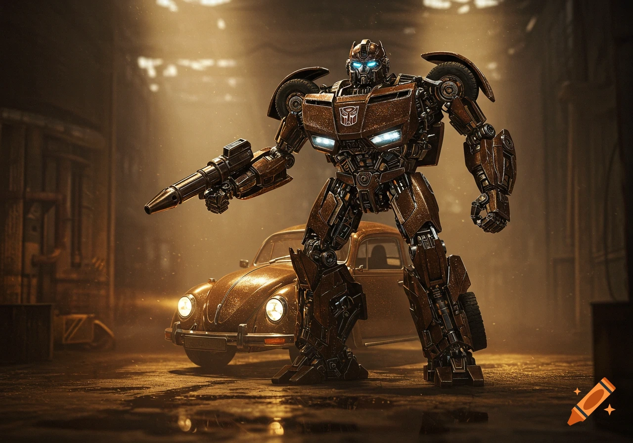 A detailed sparkly brown Transformer robot stands in a dim, gritty garage with a classic brown car behind it on a wet floor.