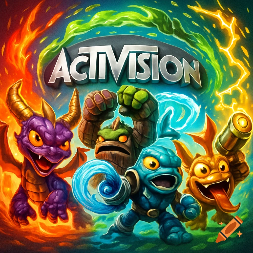 Four Skylanders characters, including Spyro, in a vibrant, action-packed illustration with elemental effects and the Activision logo.