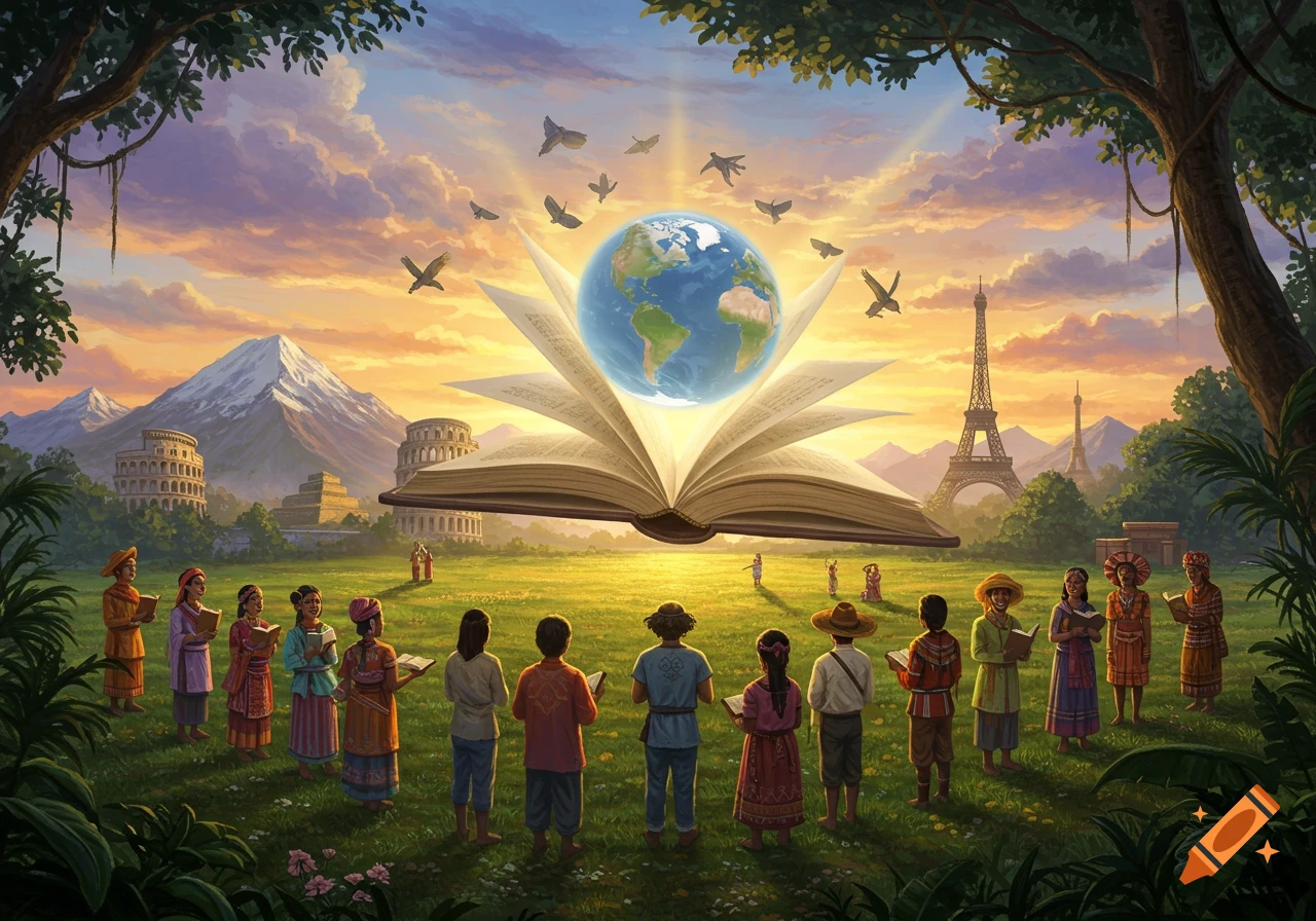 A diverse group of people from various cultures stand in a field, looking towards a giant open book with the Earth hovering above it, amidst global landmarks like the Colosseum and Eiffel Tower under a sunset sky.