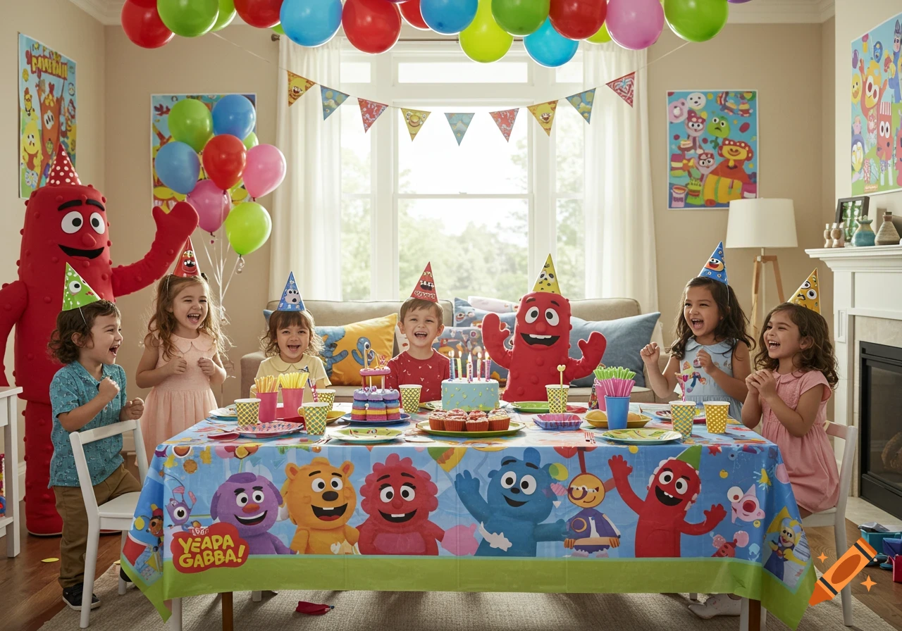 Children and a red costumed character celebrate at a vibrant Yo Gabba Gabba! themed birthday party with balloons and cake.