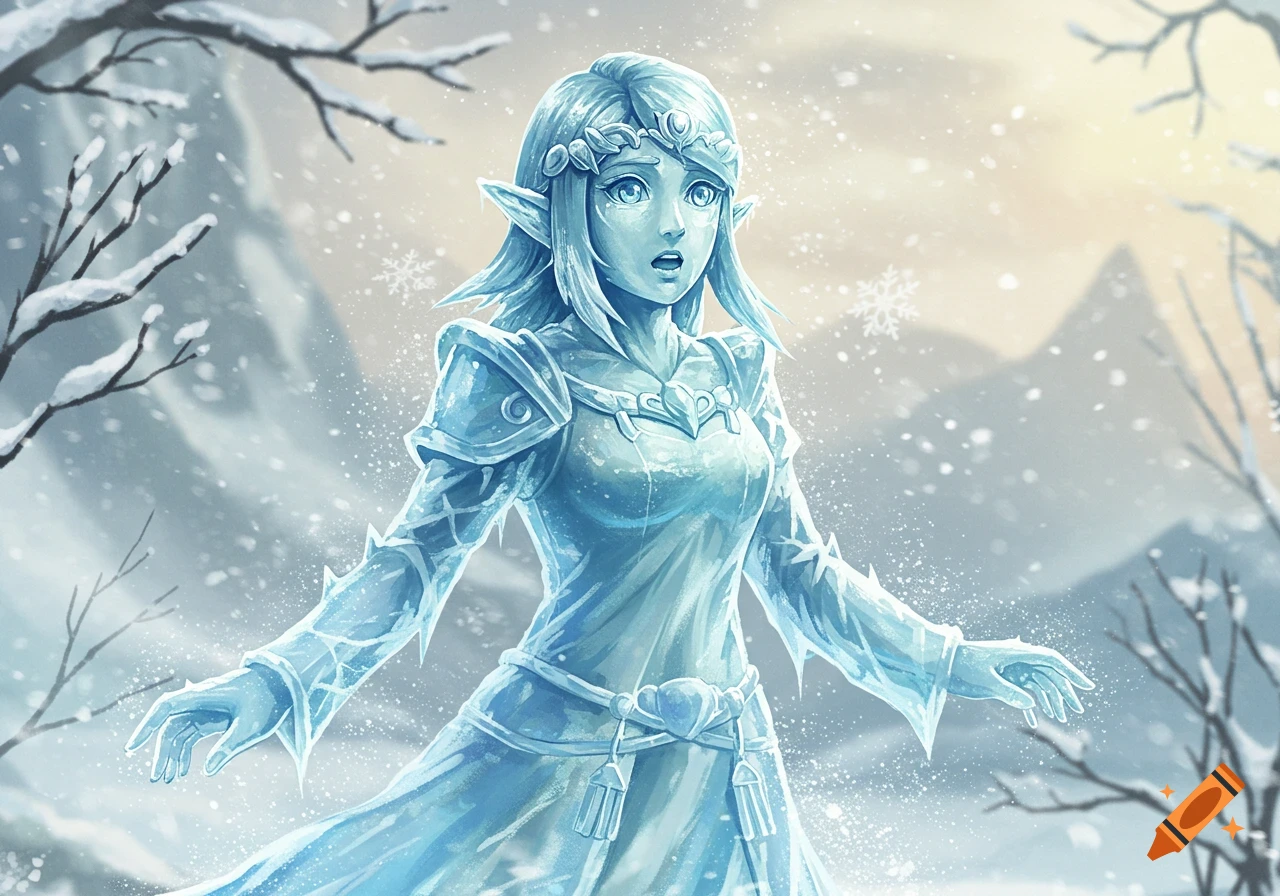 Lana from Hyrule Warriors as a surprised ice statue in a snowy landscape.