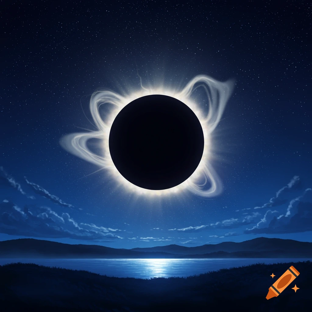 A dramatic dark solar eclipse with a bright, ethereal corona over a starry night sky, calm lake, and dark hills.