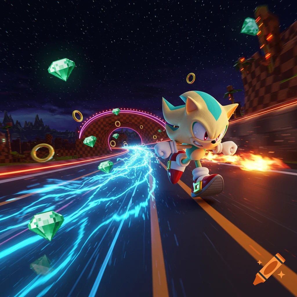 A stylized yellow and light blue hedgehog-like character runs at high speed on a futuristic race track, surrounded by green emeralds and golden rings, with lightning trailing behind.