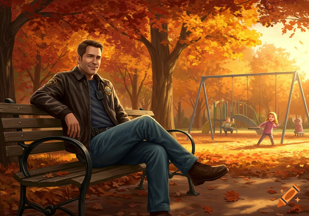 A man in a leather jacket and jeans sits on a park bench during autumn, smiling as children play in the background on a swing set and slide.