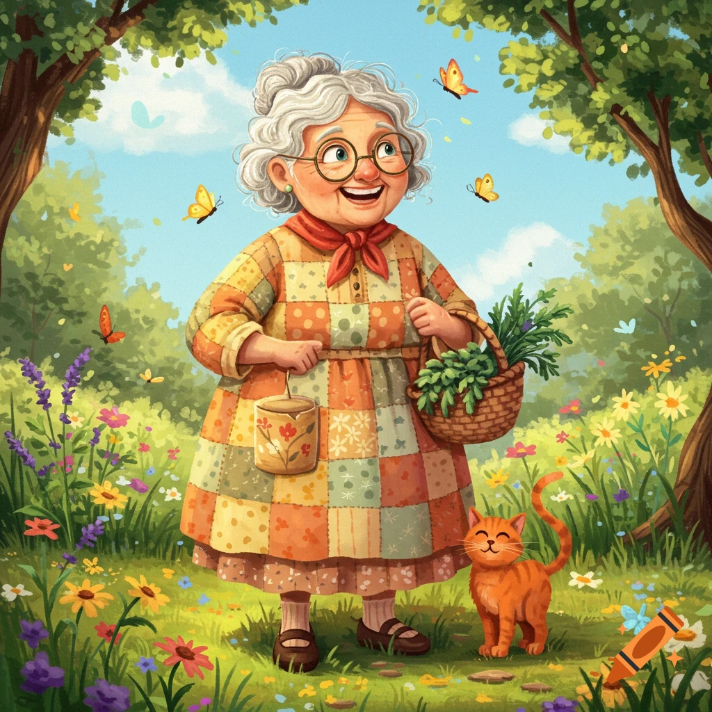 A cheerful old lady in a patchwork dress stands in a vibrant flower garden with a small orange cat and butterflies, in a whimsical illustration style.