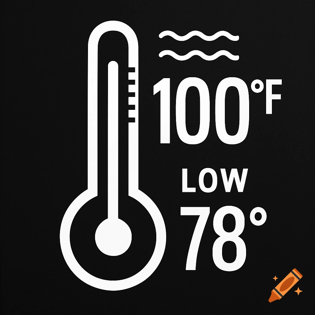 A black and white graphic of a thermometer icon showing a high temperature of 100 R F and a low of 78 R .