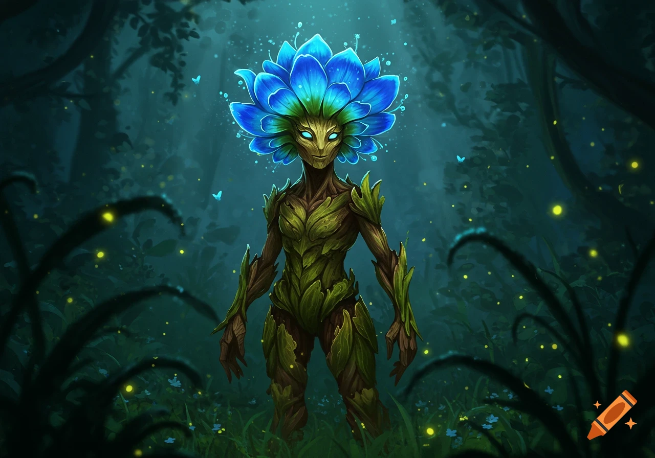A mystical plant humanoid with a vibrant blue flower for a head and a leafy body stands in a dark, glowing forest.
