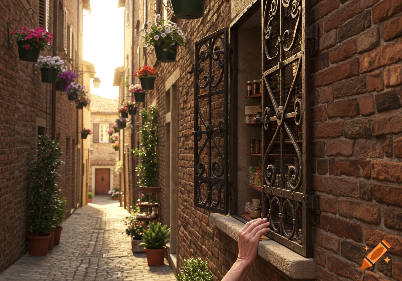 A narrow cobblestone alleyway lined with brick buildings and hanging flower baskets, with a hand opening an ornate window shutter.