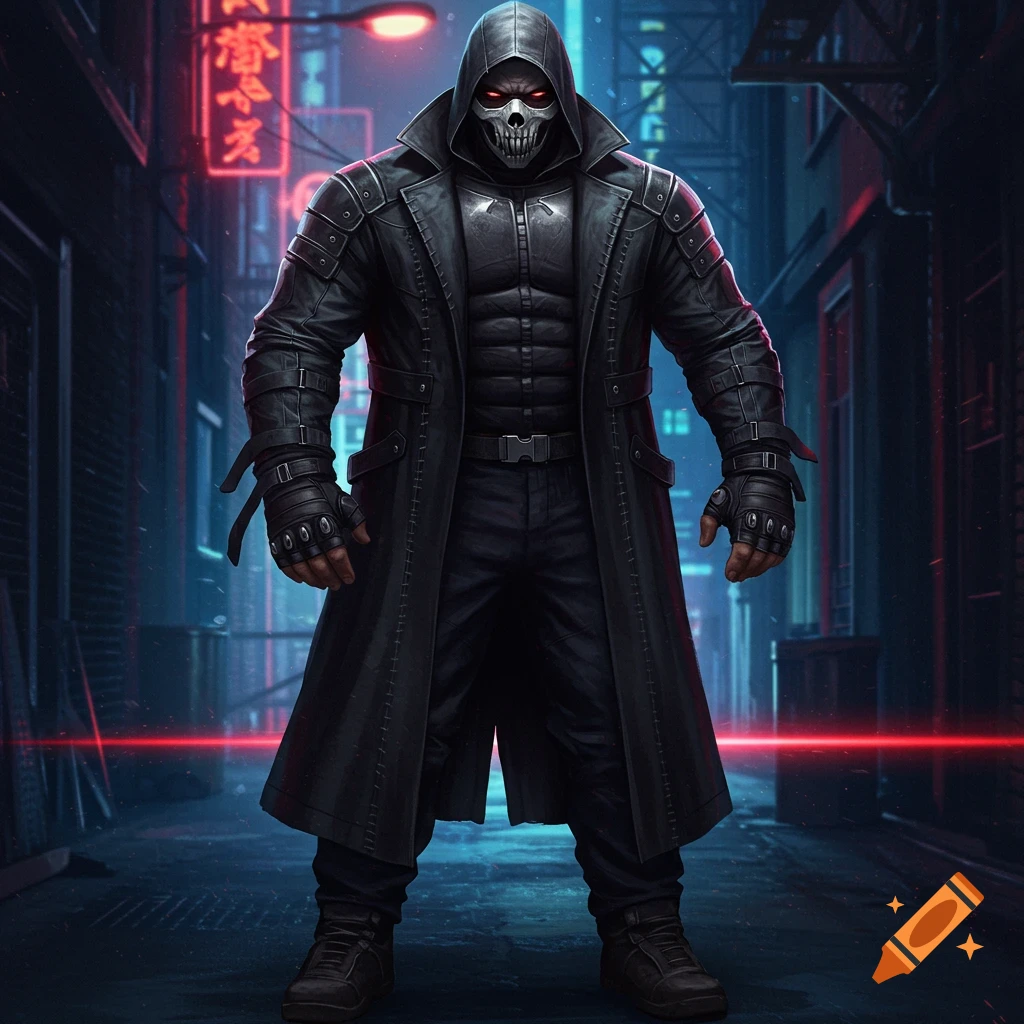 A buff man in a black hooded combat coat and strapped gloves, wearing a white skull mask with glowing red eyes, stands in a neon-lit urban alley.
