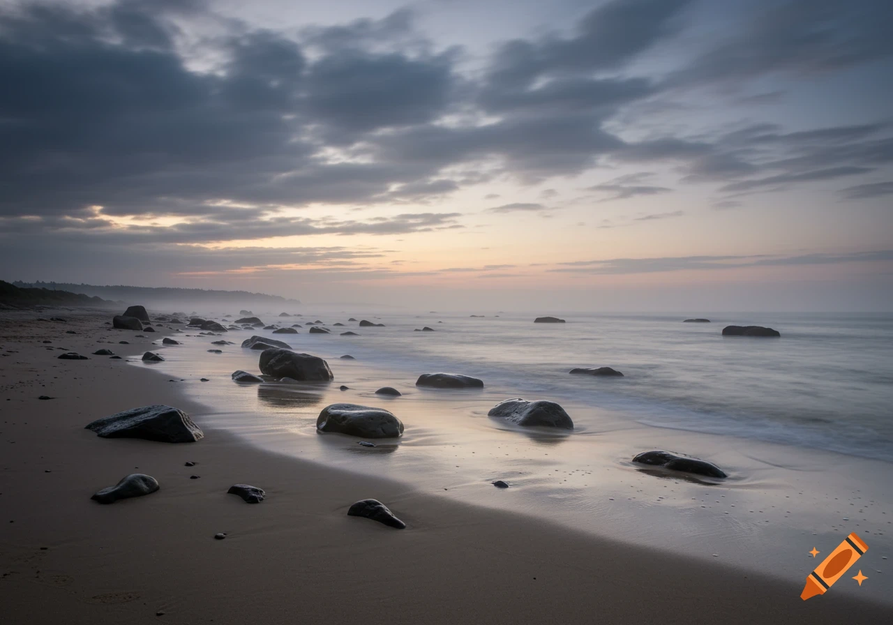 A foggy coastal beach with dark rocks on wet sand under a cloudy sky at dusk, with the ocean gently washing ashore.