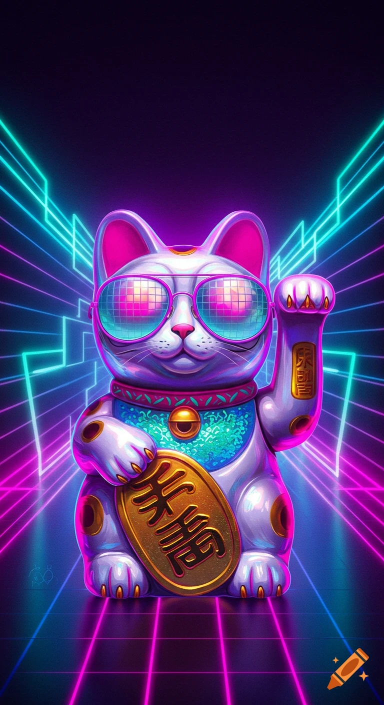 A stylized Maneki Neko cat wearing reflective grid sunglasses and a blue collar, set against a vibrant neon pink and blue grid background in a retro-futuristic disco style. It holds a gold coin with illegible characters.