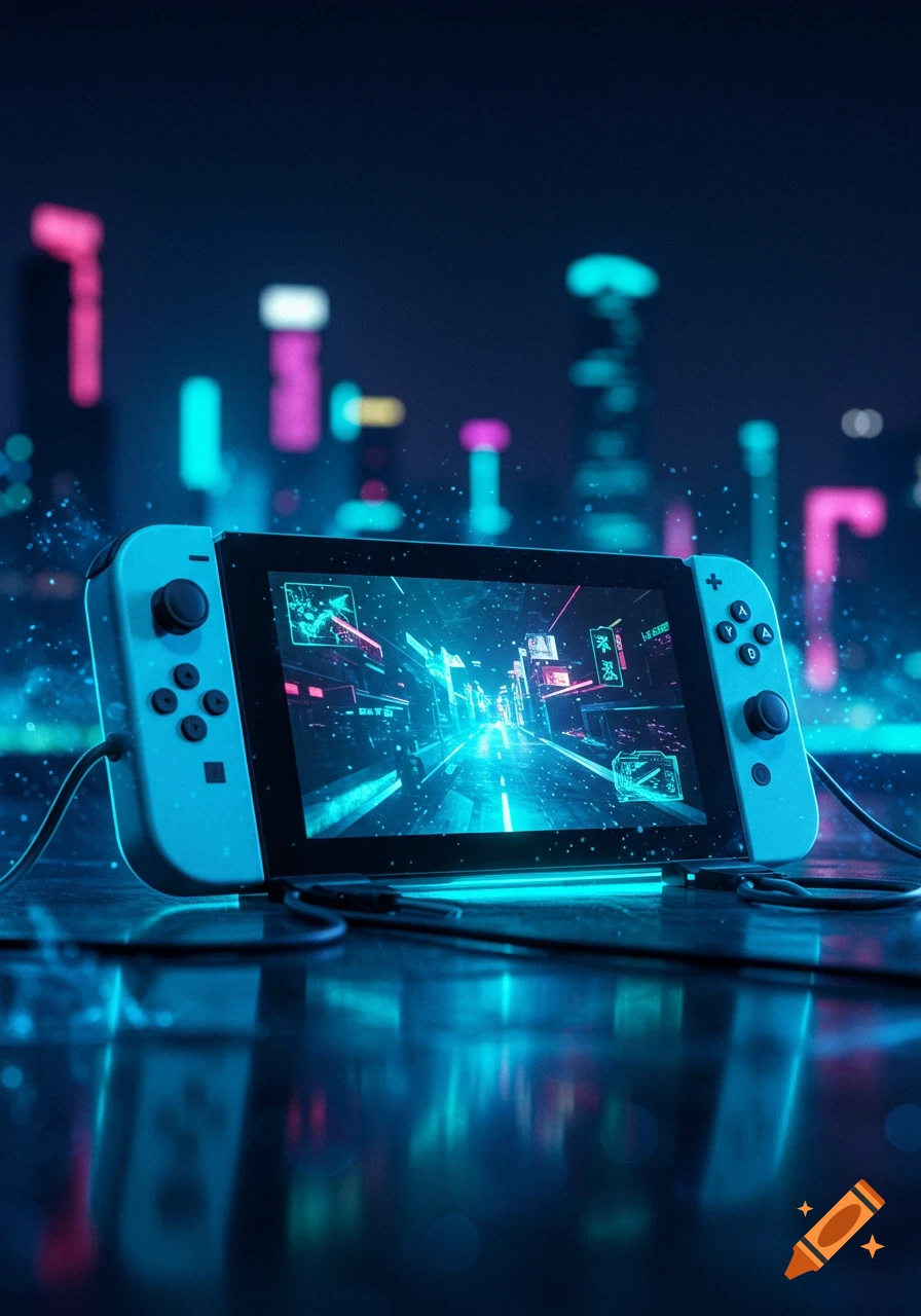 A Nintendo Switch console displays a neon-lit cyberpunk city, with a blurred cityscape background in blue and pink.