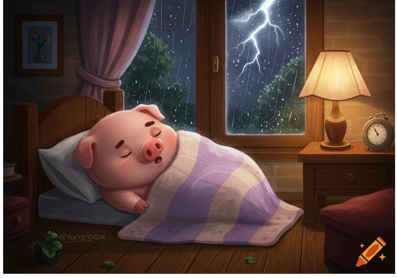 A cute cartoon pig sleeps soundly under a striped blanket in a cozy bedroom during a thunderstorm with lightning outside.