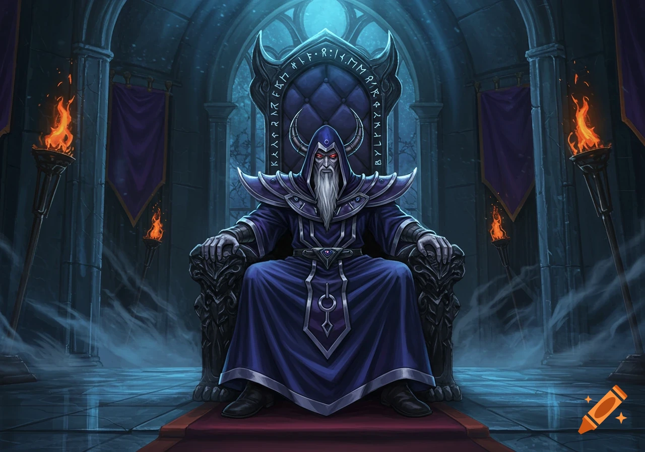 A dark robed wizard with a white beard and red eyes sits on an ornate black throne in a dimly lit, gothic castle hall.