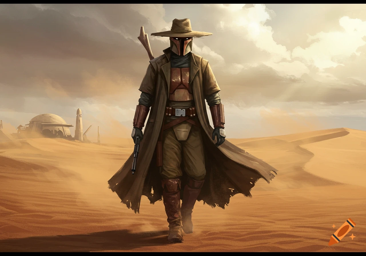 A masked bounty hunter in a wide-brimmed hat and long coat walks across a sandy desert under a cloudy sky, with distant sci-fi buildings.