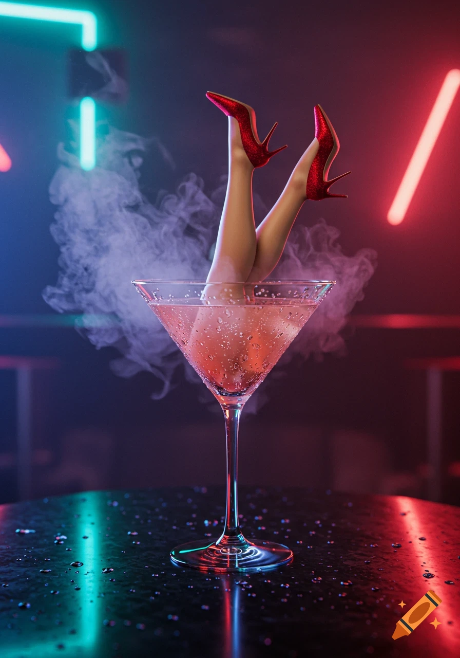 Photorealistic image of legs in red high heels emerging from a smoking martini glass in a neon-lit bar.