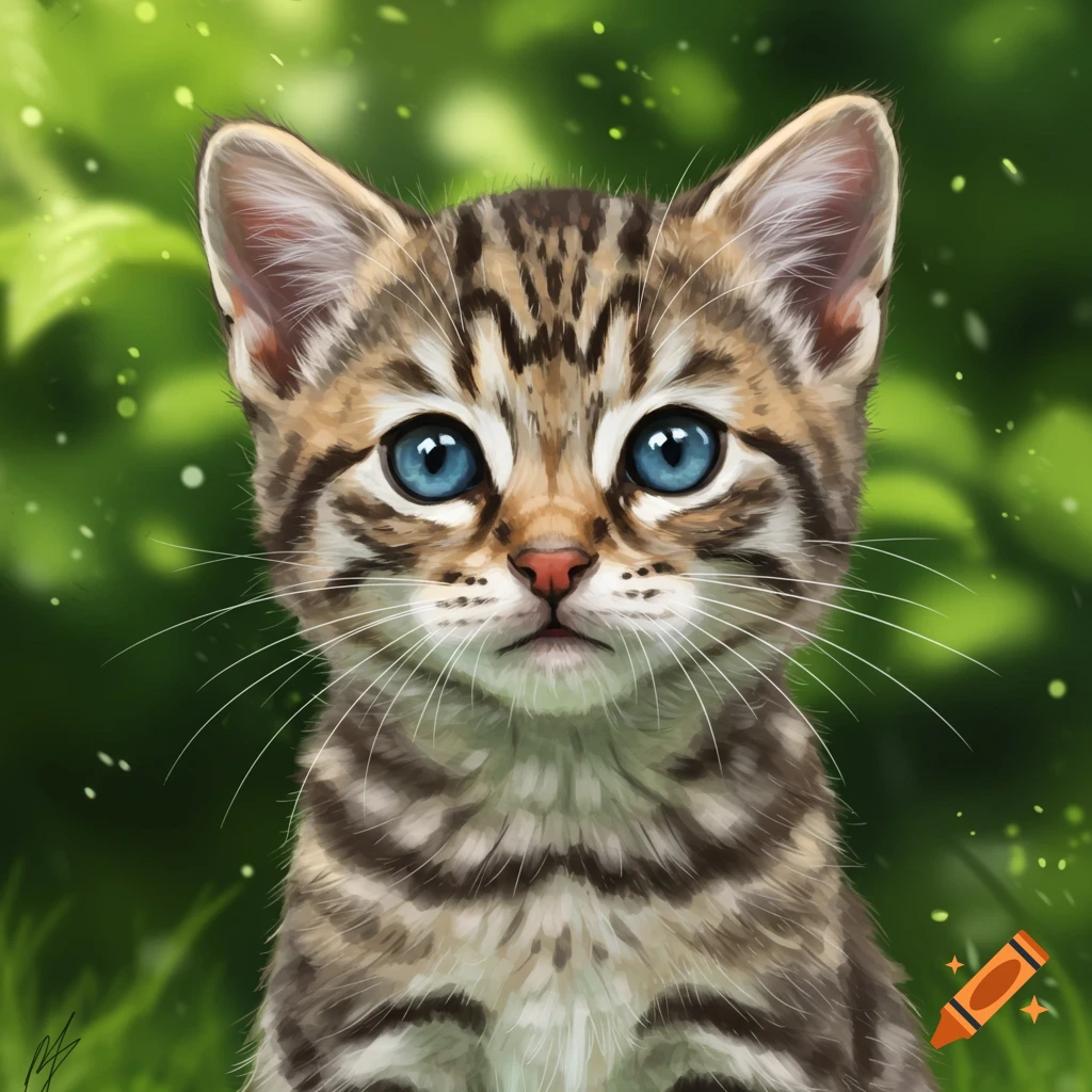 Close-up digital painting of a cute tabby kitten with blue eyes and a pink nose, against a green, blurry background.