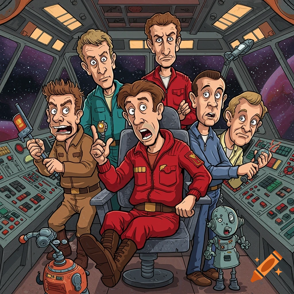 A group of cartoon men and a robot with surprised expressions in a spaceship cockpit.