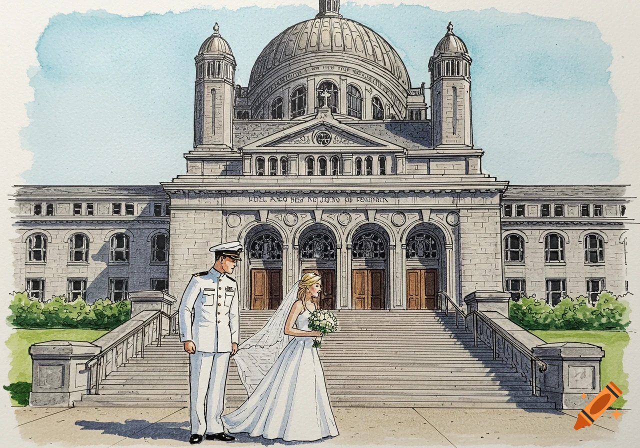 A watercolor sketch of a naval officer and his bride on the steps of a grand chapel.
