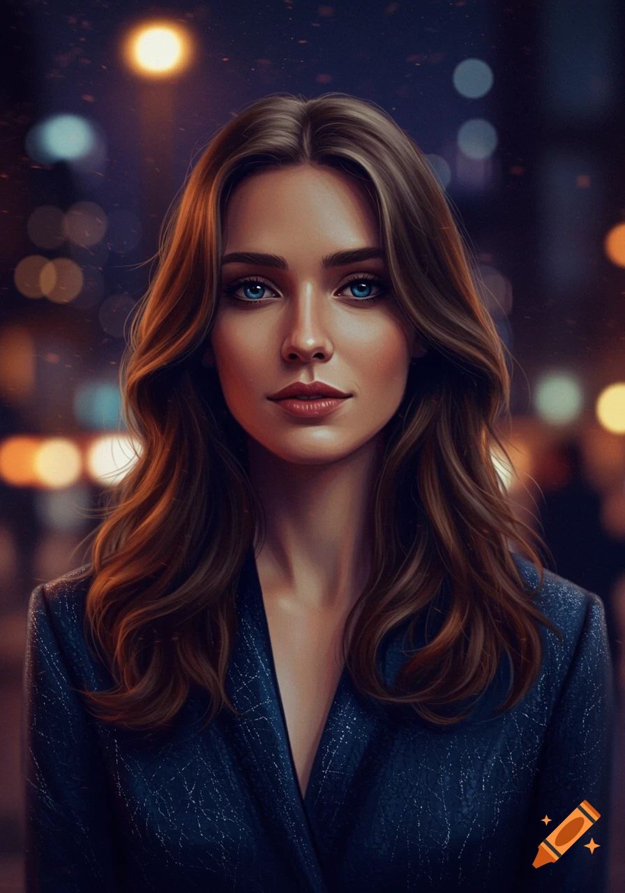 A captivating photorealistic portrait of a woman with long brown hair and striking blue eyes, against a blurred night city background.