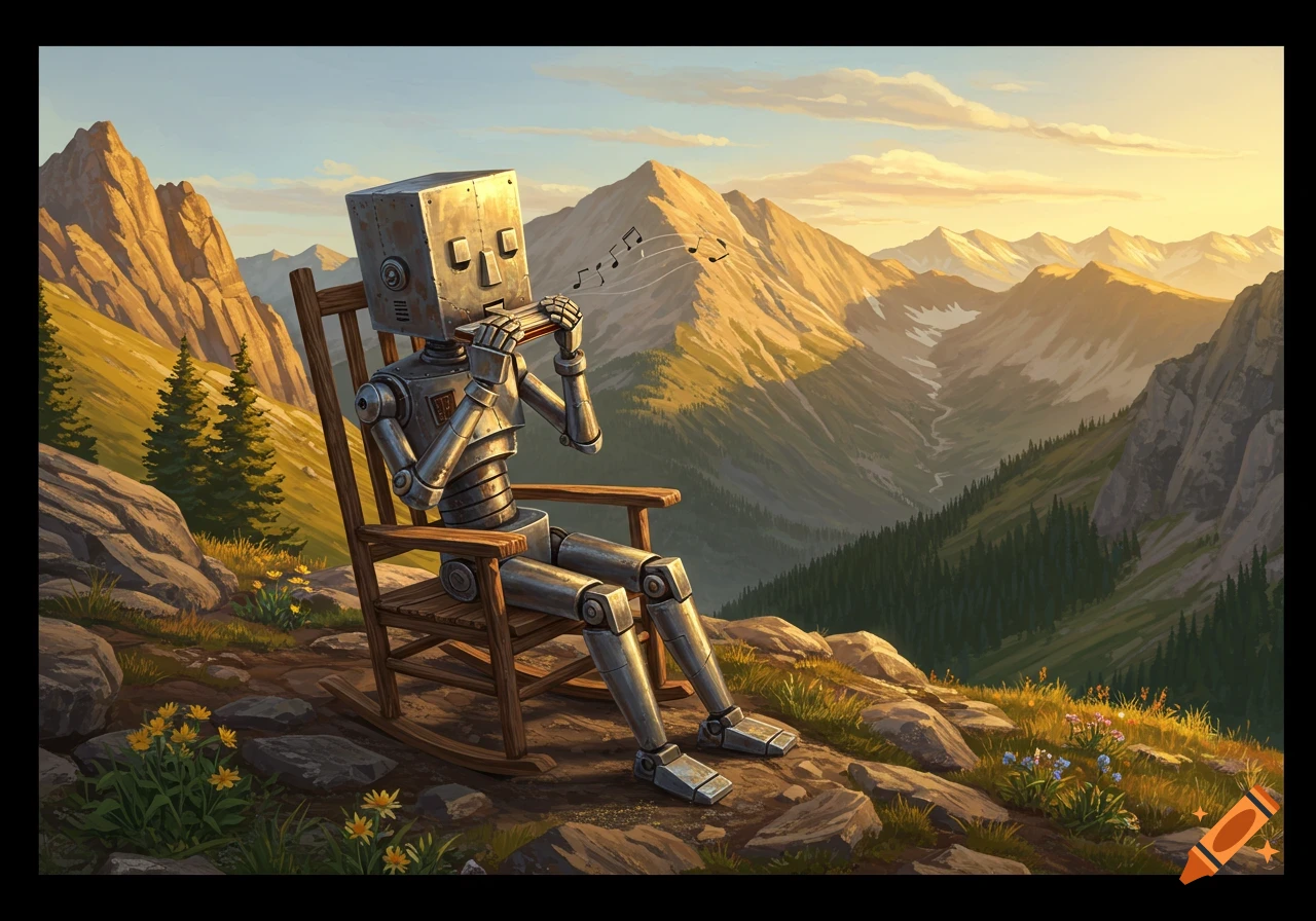 A metal robot with a square head sits in a rocking chair on a rocky mountain slope, playing a harmonica. Majestic mountains and a valley are in the background under a sunny sky.
