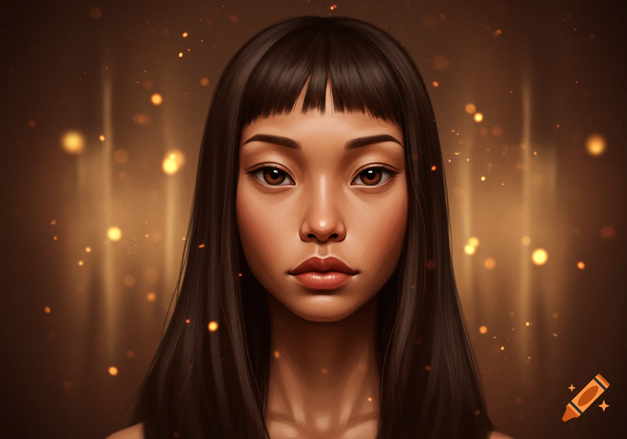 Close-up digital art portrait of a woman with long dark hair, bangs, almond eyes, and thin lips against a sparkling brown background.