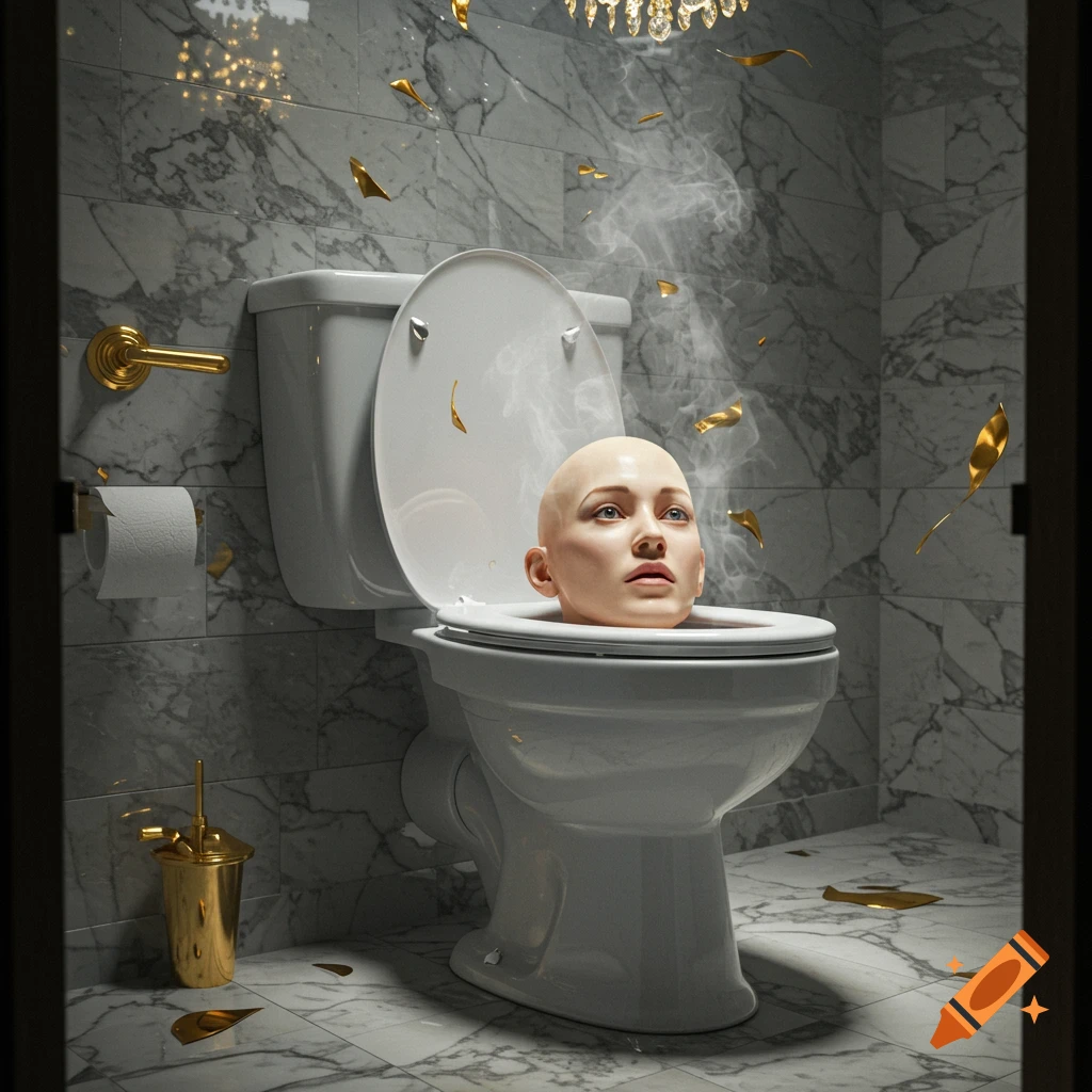 A photorealistic image of a bald human head emerging from a toilet in a marble bathroom, with smoke rising and golden flakes floating around.