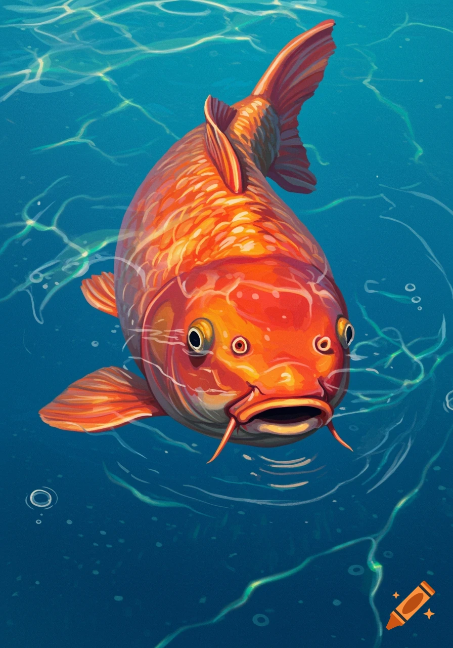 A vibrant orange carp swims in clear blue water, viewed from above. The digital illustration shows light reflections on the water's surface.