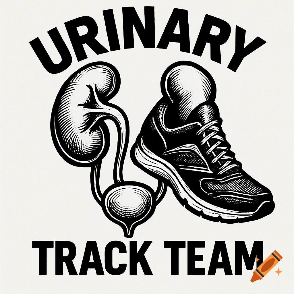 A black and white illustration of a kidney and bladder next to a running shoe, with the text 'URINARY TRACK TEAM'.