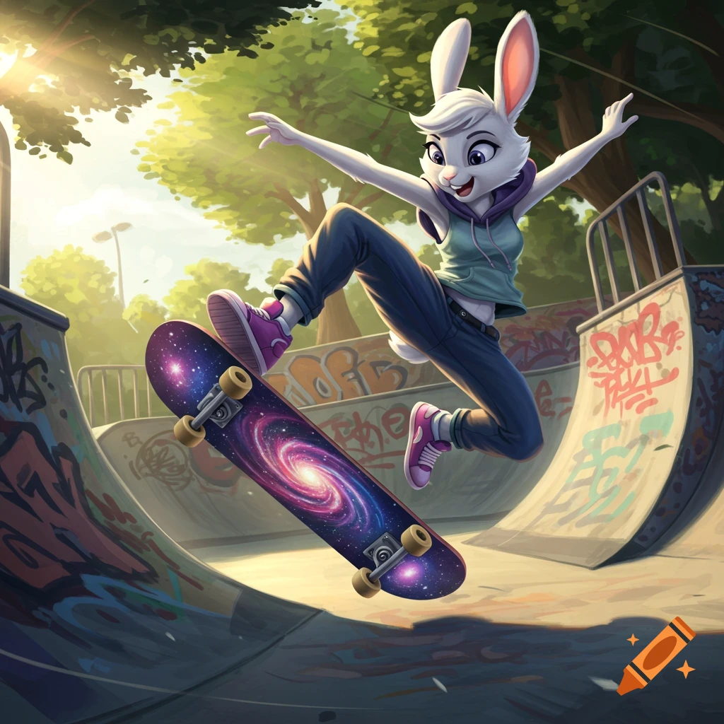 A cartoon female bunny performs a kickflip on a cosmic skateboard in a sunny skate park.