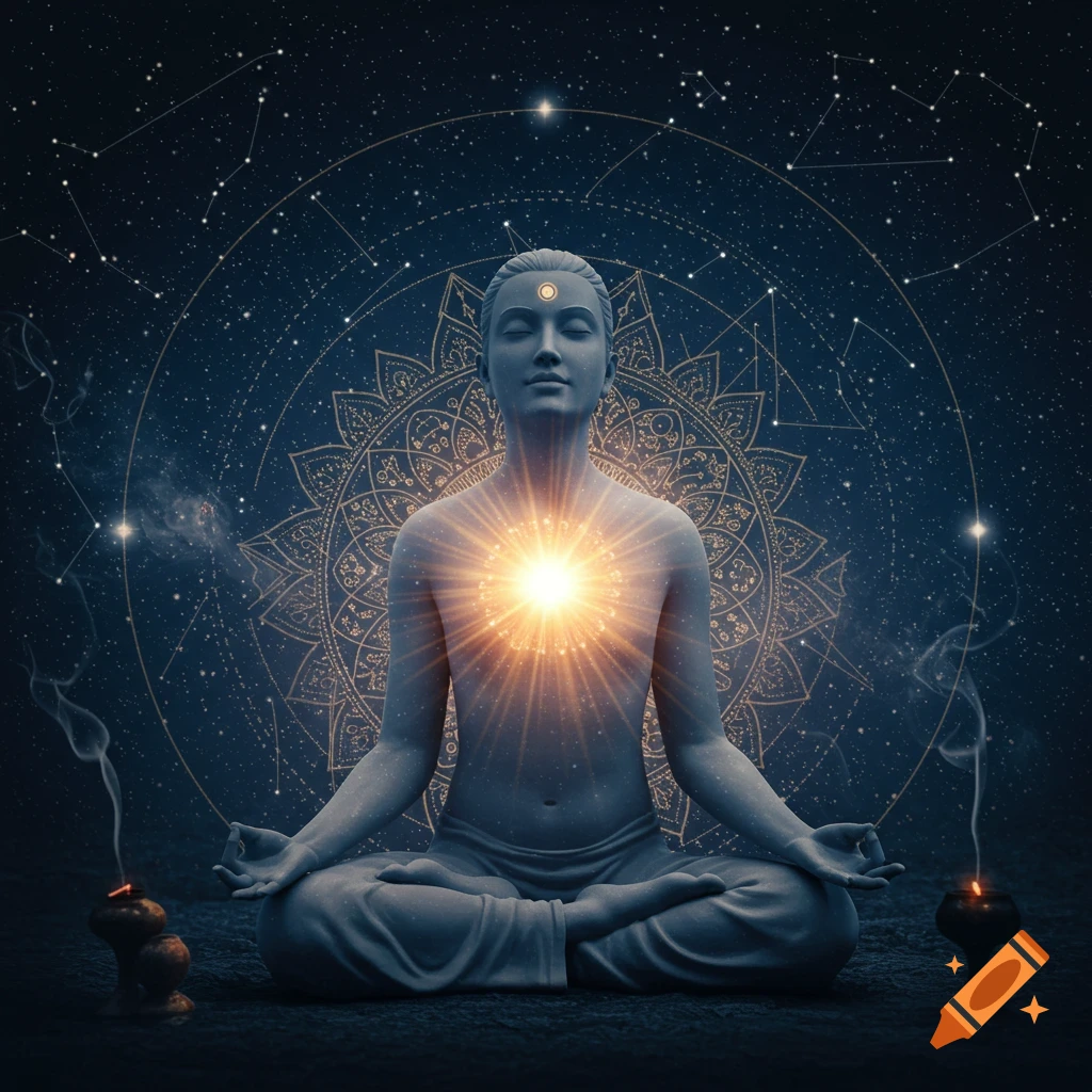 A stone-like figure meditating with glowing chest, set against a starry sky with constellations and a mandala.