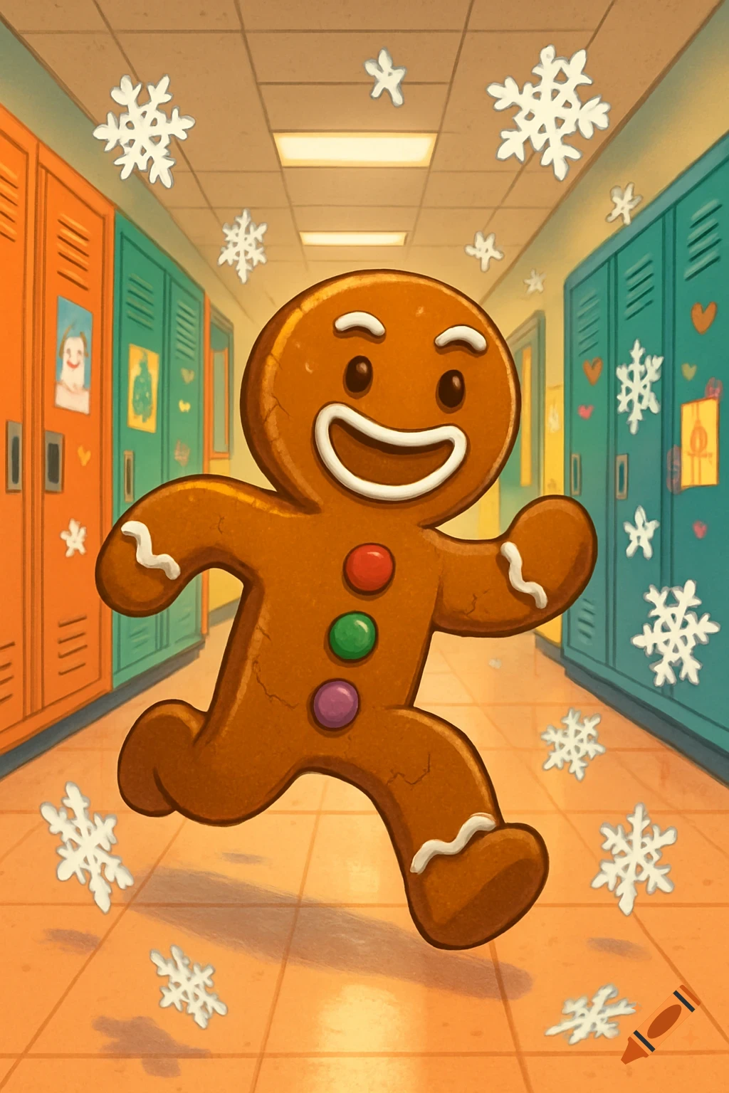 A happy cartoon gingerbread man runs down a colorful school hallway as snowflakes fall around him.