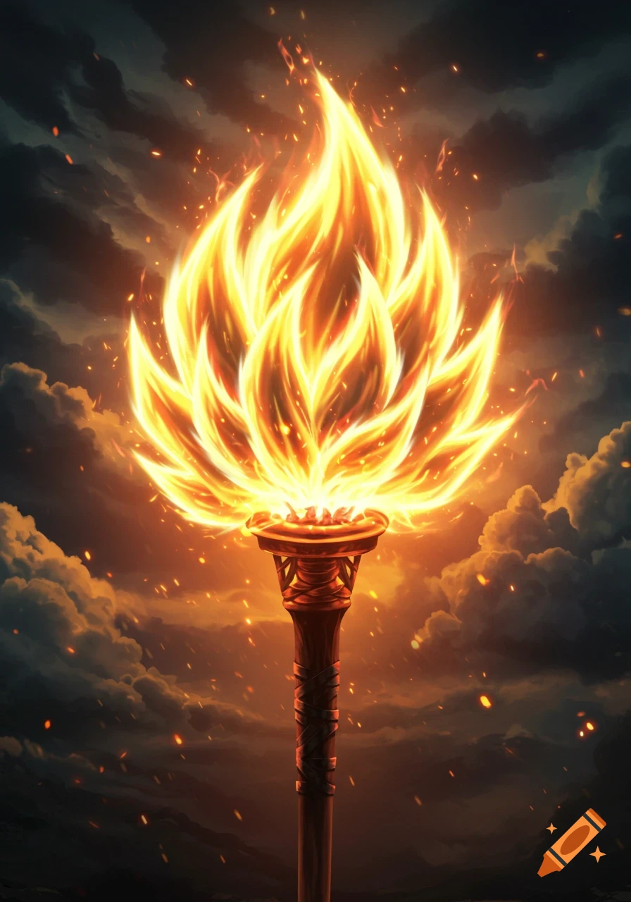 A stylized torch with bright, spiky golden flames against a dark, cloudy, fiery sky.