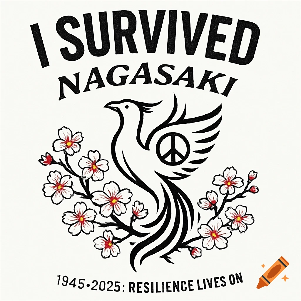 Black and white logo: phoenix with peace symbol on wing, rising from red cherry blossoms. Text: 'I SURVIVED NAGASAKI', '1945-2025: Resilience Lives On'.