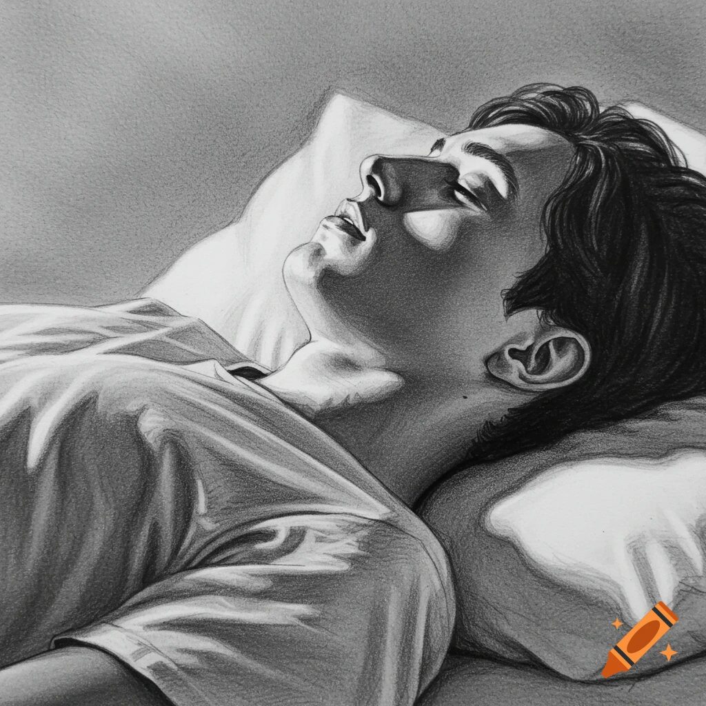 A grayscale drawing of a person sleeping on their back on a pillow, with light illuminating their face.