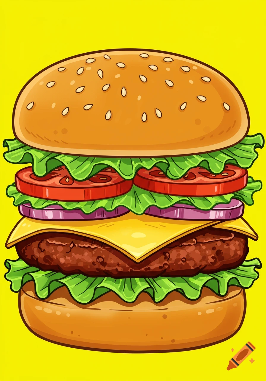 A vibrant cartoon hamburger with a sesame bun, lettuce, tomato, onion, cheese, and a patty on a yellow background.