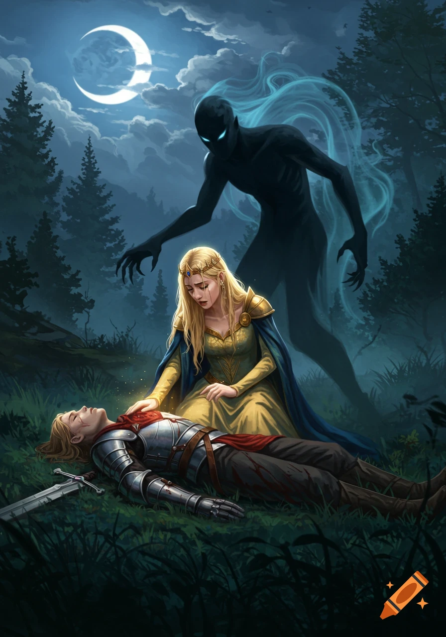 A blonde princess tends to a fallen knight in armor, as a looming shadowy specter with glowing eyes appears behind her in a mystical forest under a crescent moon.
