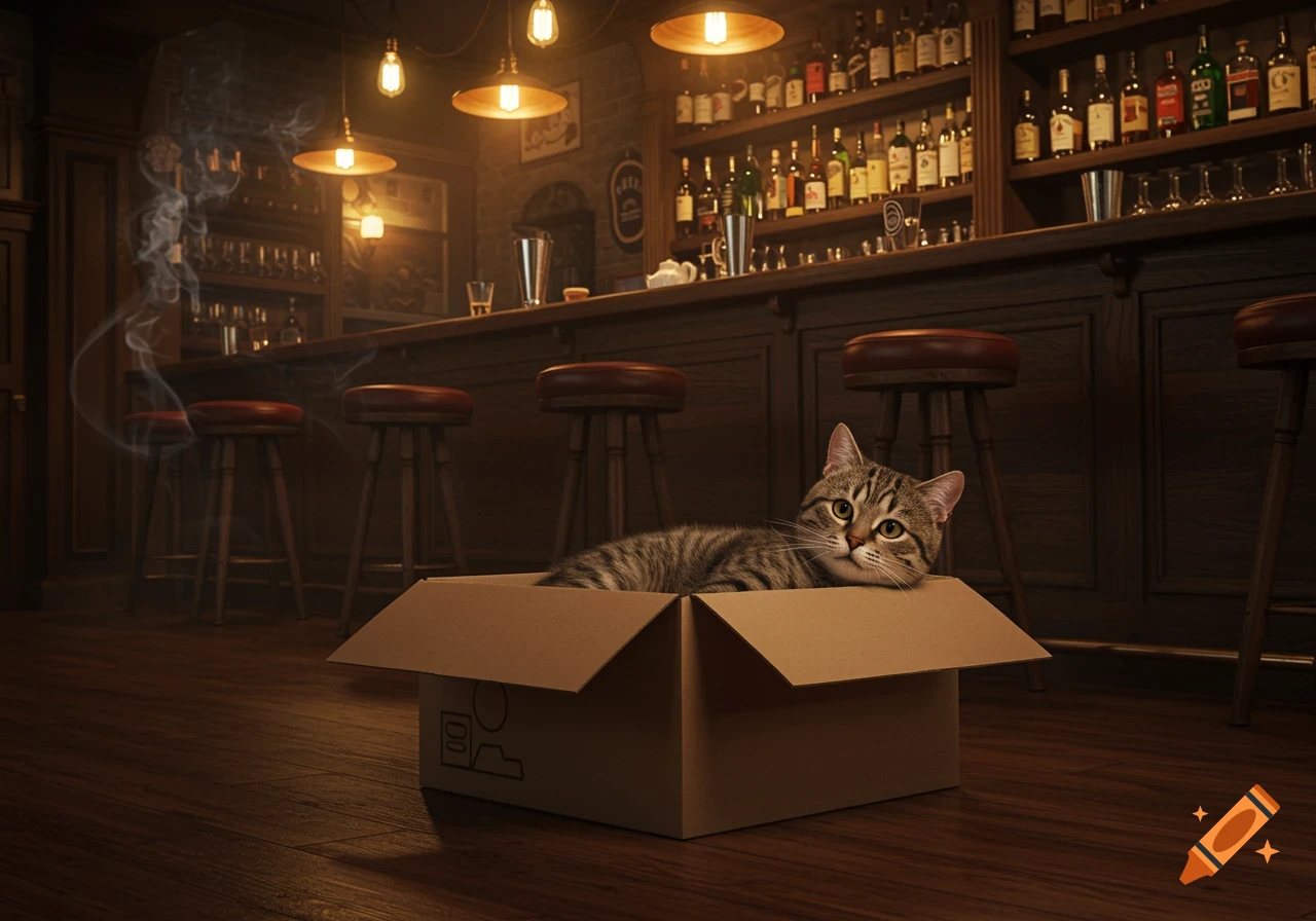 A tabby cat lies in a cardboard box on the wooden floor of a dimly lit, cozy pub with a long bar and many bottles.