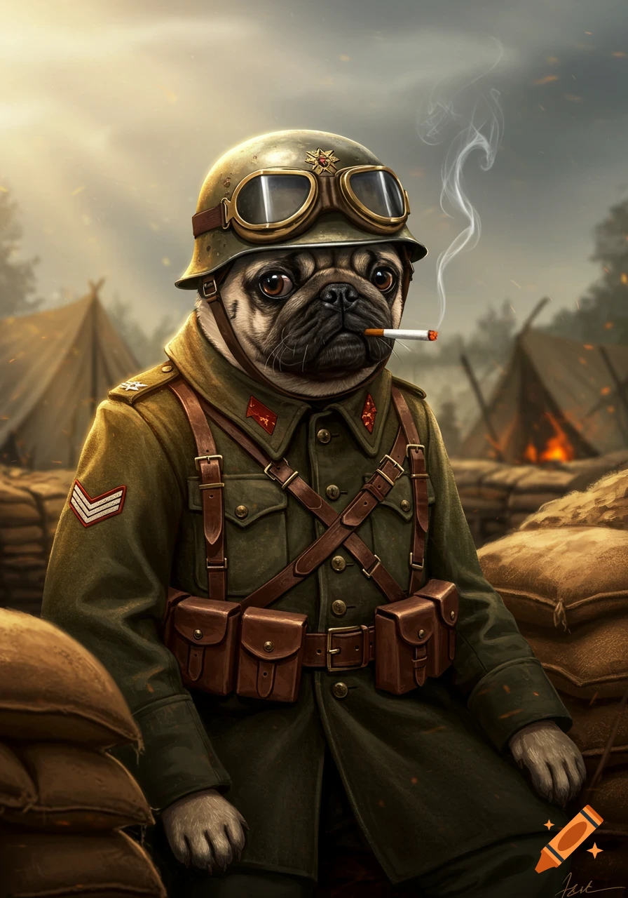 A pug dog in a military uniform and helmet, smoking a cigarette, in a wartime camp setting with tents and sandbags.