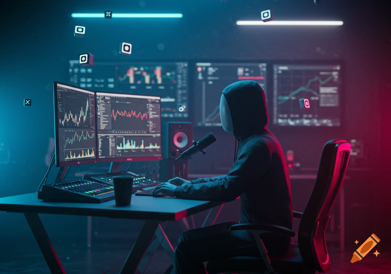 A faceless person in a hoodie sits at a desk with multiple monitors displaying charts, a microphone, and a keyboard, bathed in blue and red neon lights. Social media icons float around them.