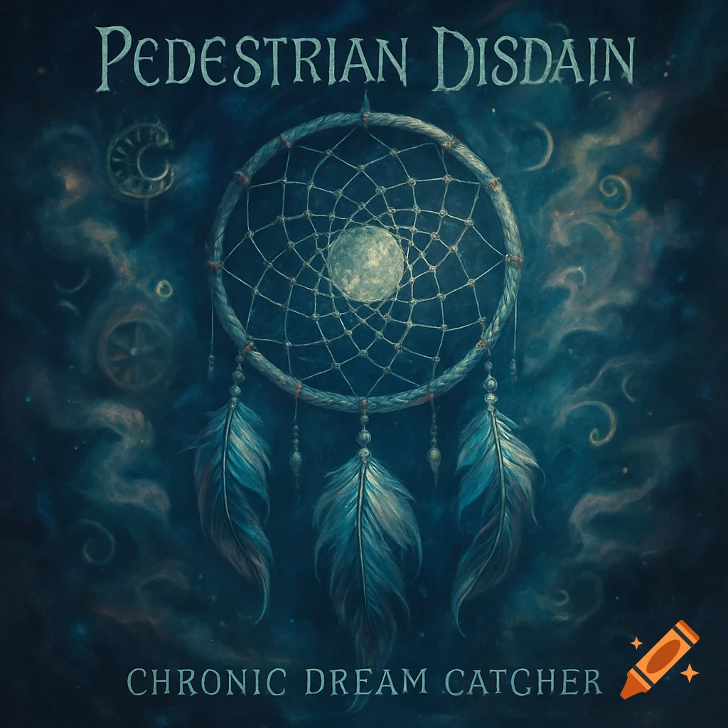 A dark blue album cover featuring a dream catcher with a full moon and three feathers, surrounded by wispy clouds and stars. Text reads "Pedestrian Disdain" and "Chronic Dream Catcher".