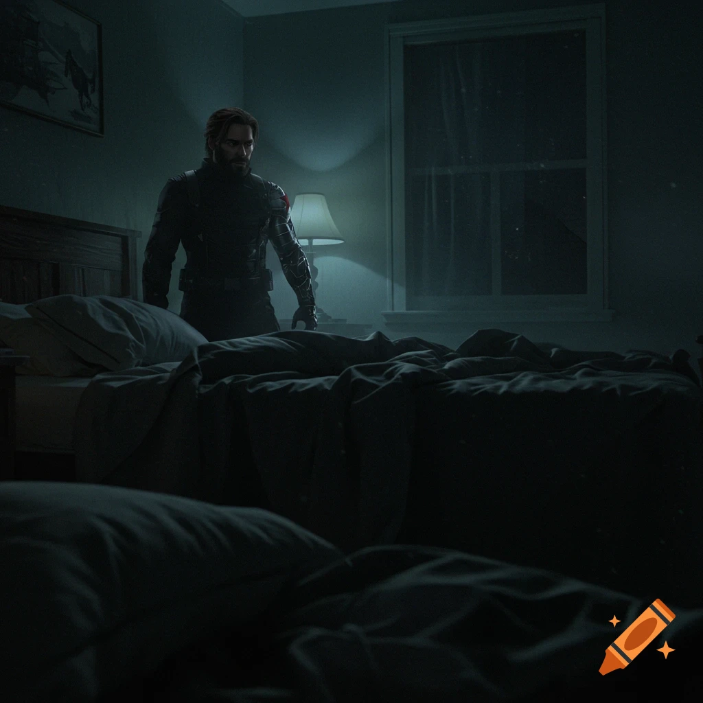Winter Soldier in a dark, dimly lit bedroom at night, standing by a disturbed bed with his metal arm reflecting light. A lamp and window are in the background, creating a fearful, grainy atmosphere.