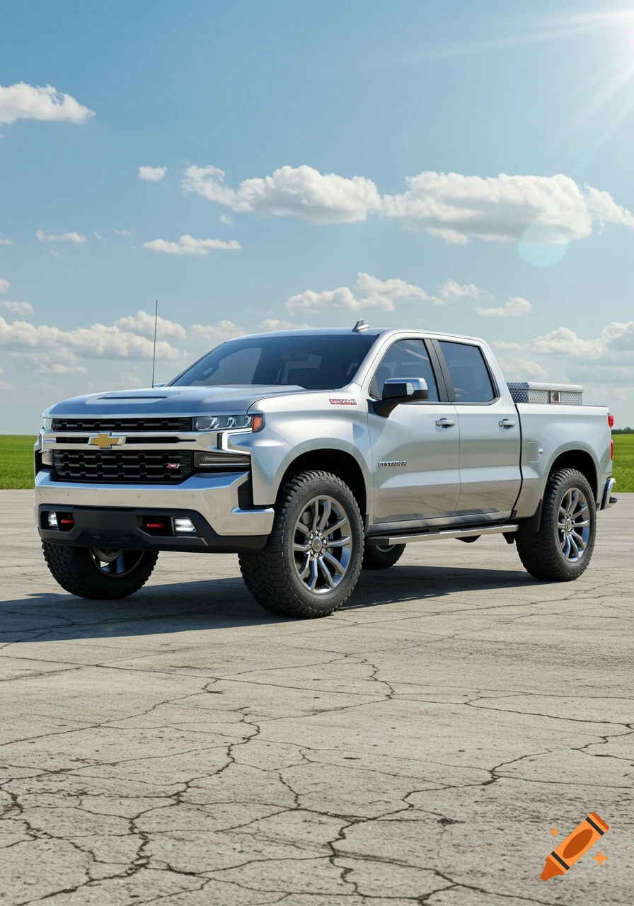 A silver pickup truck, a 2023 Silverado Trailboss, is parked on cracked concrete under a blue sky with white clouds. Photorealistic style.