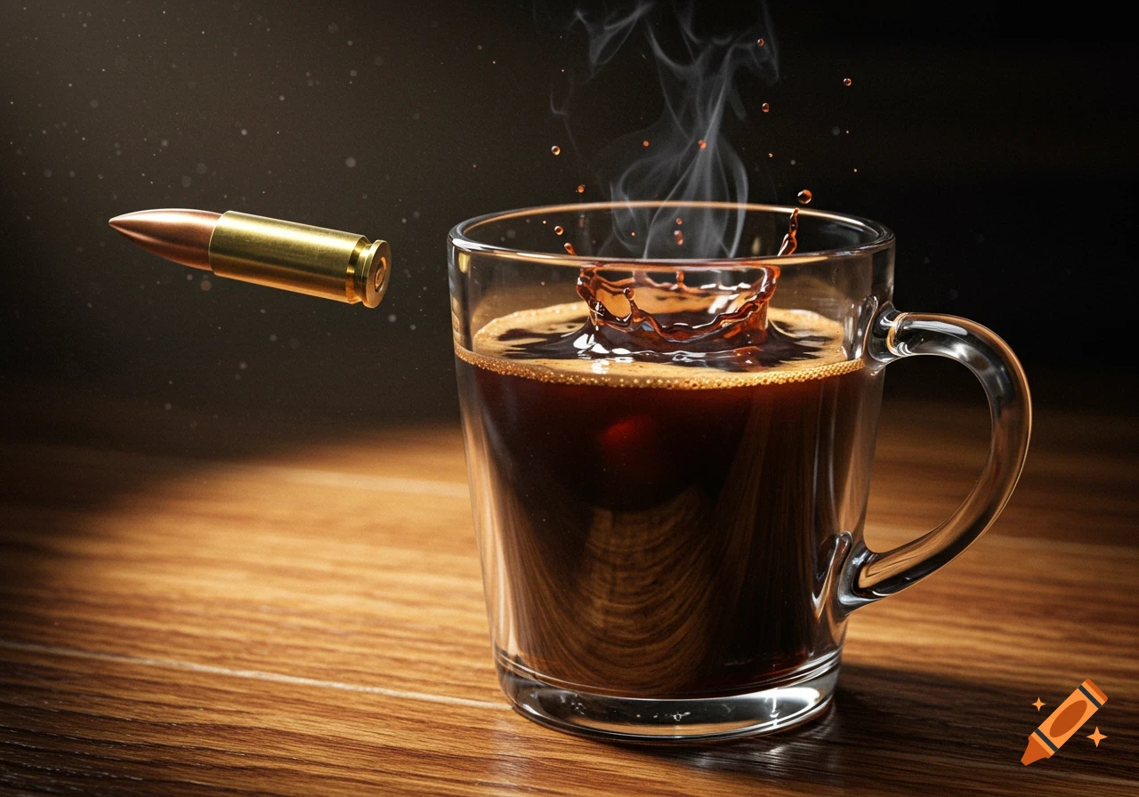 A photorealistic close-up of a bullet frozen in motion, hovering next to a glass mug of steaming coffee, causing a splash.
