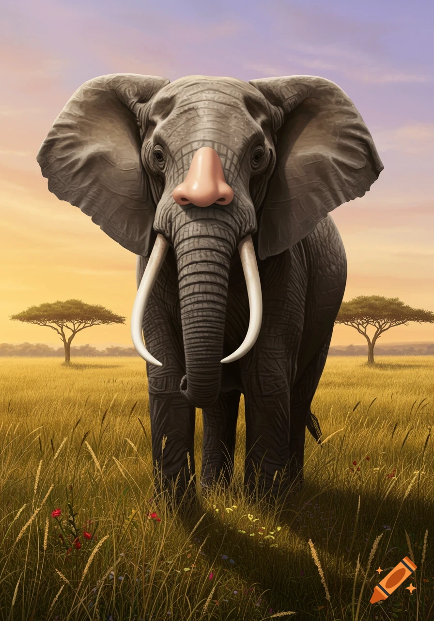 An elephant with a large pink human nose instead of a trunk stands in a golden savanna field with acacia trees under a sunset sky.