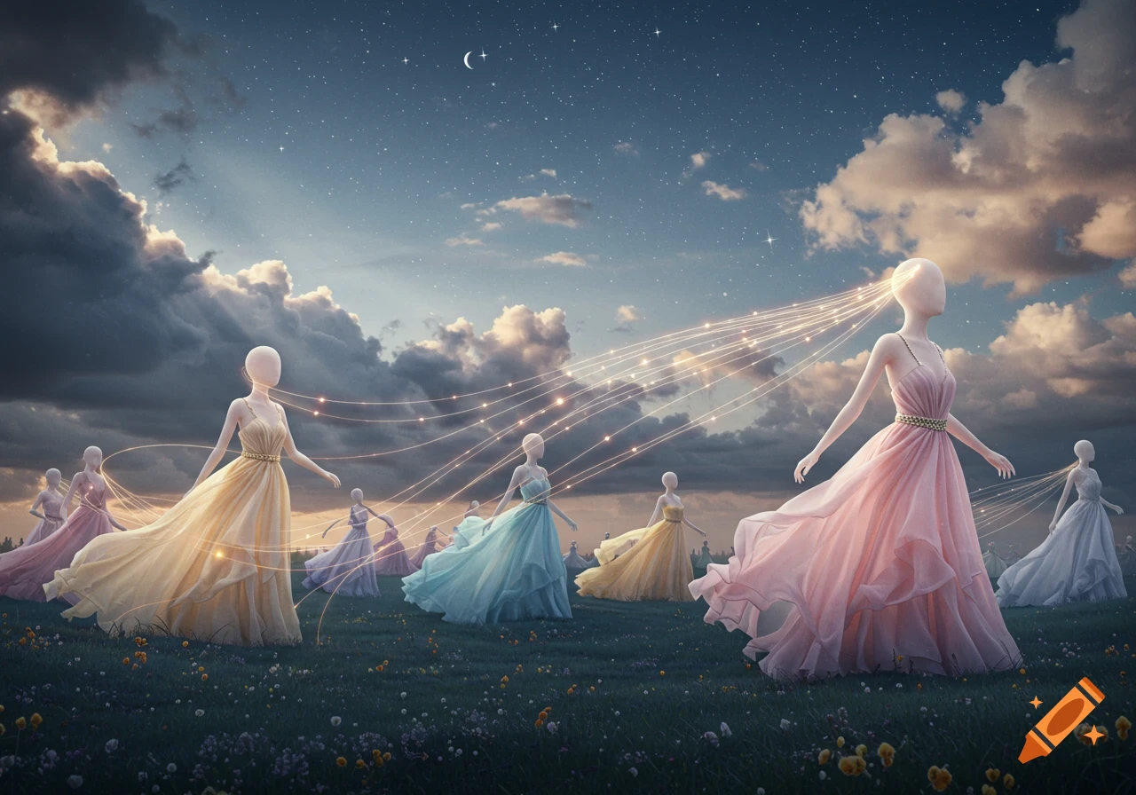 Mannequin-like figures in colorful flowing dresses stand in a field with glowing strings connecting their heads under a cloudy, starry sky.