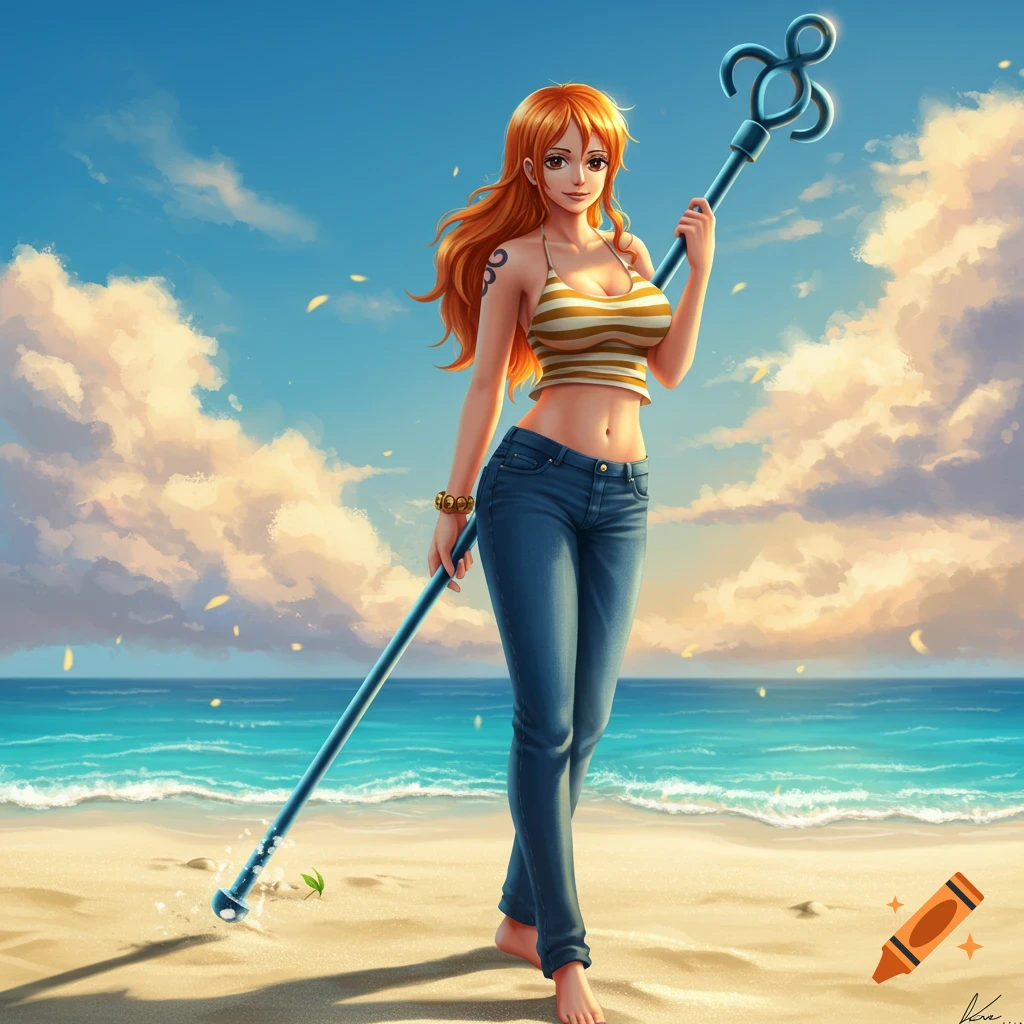 Anime illustration of Nami from One Piece standing on a sunny beach, holding a staff, with the ocean and clouds in the background.