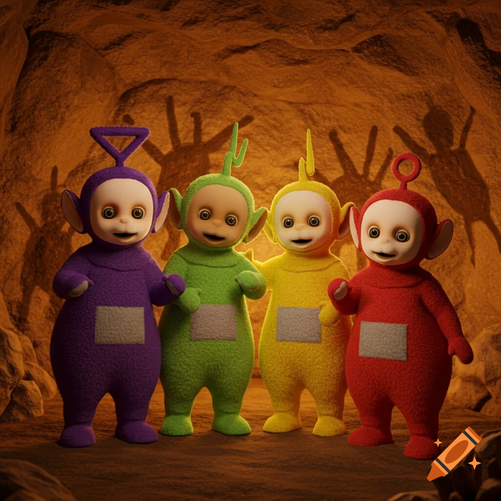 Purple, green, yellow, and red Teletubbies stand in a dimly lit cave with shadowy figures on the walls.