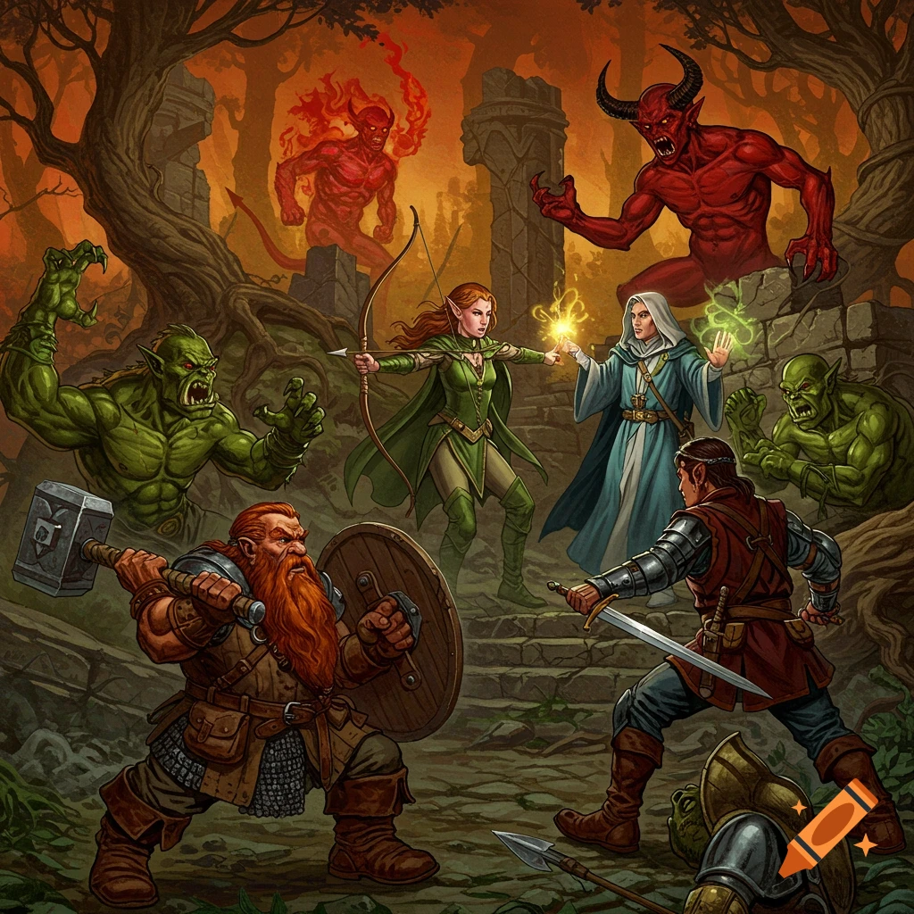 A detailed fantasy illustration of a dwarf, elf, wizard, and fighter battling orcs and demons in a forest ruins.